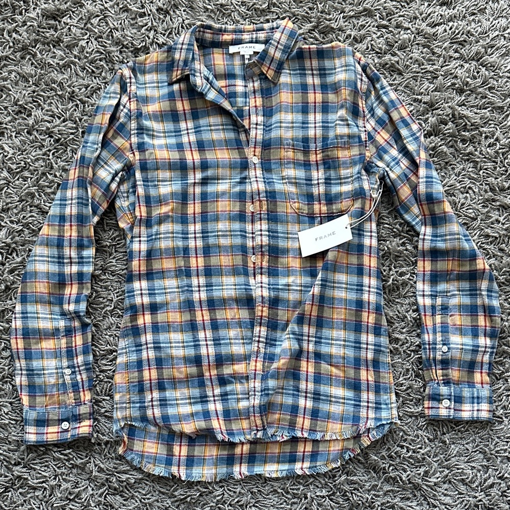 Frame Denim Blue and Orange Plaid Casual Button Down Shirt Brand New